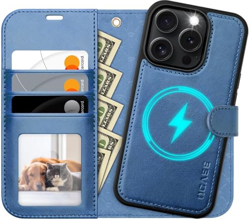 OCASE iPhone 16 Pro Hülle(2in1) Leder Stoßfestes Case, Abnehmbare magnetische Hülle, MitHandschlaufe, Kabelloses Laden, Kartenfach, Standfunktion, Handyhülle RFID Schutzhülle Klapphülle Hellblau