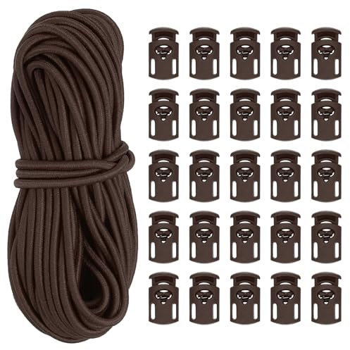 PATIKIL 10 Yard Elastic Bungee Cord & Single Hole Cord Lock, 25 Pack Plastic Oval Spring Toggle Stopper for Paracord Drawstring Shoelace Clothing Backpack Bags, Dark Brown