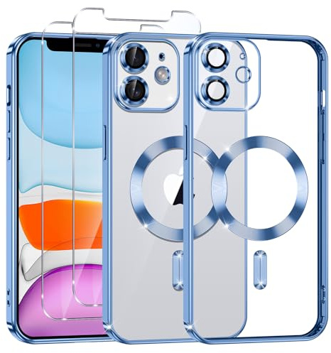 Phoona Cover Placcatura per iPhone 11 6,1 Pollici, Obiettivo per Fotocamera Protezione Completa e 2 × vetro temperato, Compatibile con MagSafe Ricarica Wireless, Protezione Militare, Blu