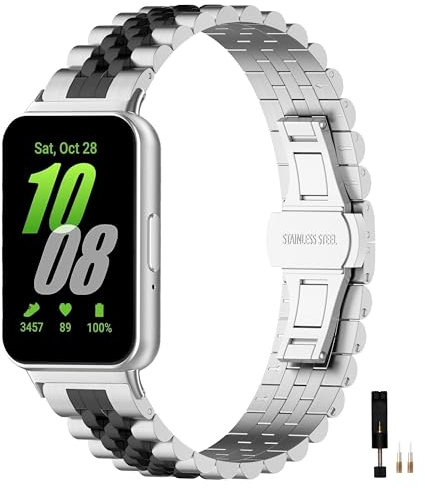Bdsidy Metallo Cinturini Compatibile con Samsung Galaxy Fit3 SM-R390, Cinturino in Acciaio Inossidabile in Metallo Bracciale per Galaxy Fit 3 SM-R390 Smart Watch Cinghia (Argento Nero Argento)