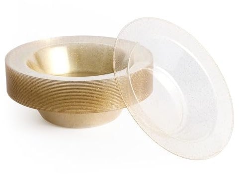 MATANA 25 Bols en Plastique Dur Transparent avec Paillettes Dorées (360ml) - Bols à Soupe, Assiettes Creuses pour Mariages, Anniversaires, Noël & Fêtes - Solide & Réutilisable