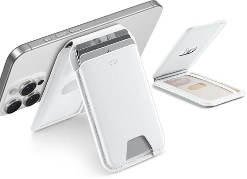 ESR Cartera Aura con MagSafe(HaloLock), Bloqueo RFID, Compatible Magsafe Wallet, Soporte Ajustable, 5 Tarjetas, Cuero Vegano, para iPhone Series 16/15/14/13/12, NO para 13/12 Mini, Blanco Brillante