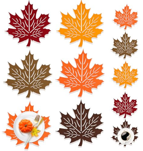 HOWAF Set di 10 Tovagliette e Sottobicchieri in Feltro Foglie Autunnali, 5 Set Tovagliette Colazione 5 Sottopiatti Sotto Bicchieri da Tavola Autunno Decorazioni Autunnali Ringraziamento Casa di Foglie