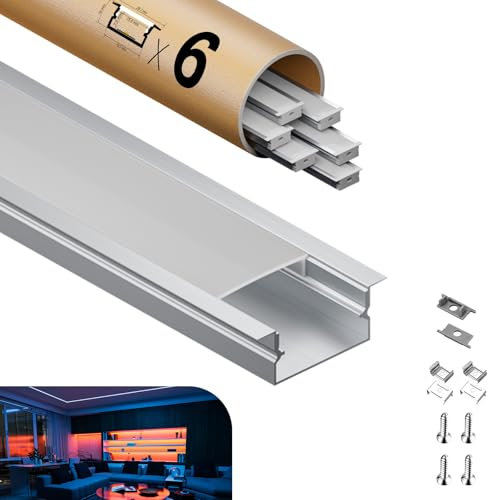 KOSOOM LED Trockenbauprofil 2m x 6 Stück, LED U Profil für Led Streifen bis 15,5mm, Größe 19,7 (Flügel 26,7 mm) x 10 mm, Mit Lichtdiffusor aus PC Einbauprofil mit Montagezubehör für Gipskarton
