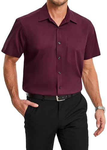 HISDERN Mens Short Sleeve Shirts Burgundy Bamboo Shirts for Men Non Iron Casual Button Down Shirt with Pocket for Work Office 2XL