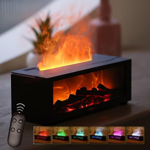Starnearby LED Kamin Flammen Aroma Diffuser Mit 7 Farben Licht und Timer - 150ml Luftbefeuchter Wasserdampf Flame Humidifier (Schwarz)