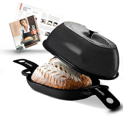 Krustic Enameled Cast Iron Dutch Oven for Professional Sourdough Bread Baking | 5.5 Quart Loaf Size Oval Cookware Pot with Lid | Triple-Layer Enamel Coating Pan with Non Stick Silicone Mat | Black