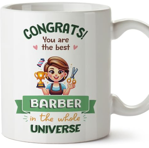 MUGFFINS Barber Woman Mug - in English - Best in Universe Trophy - Funny Gift for Colleagues - Ceramic 11oz Mug