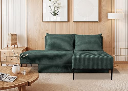 Kaiser Möbel - Sofa mit Schlaffunktion, Eckcouch L Form, Schlafsofa mit Bettzeugbehälter, 4in1 Modulares Cord Sofa, Wohnlandschaft, Klappsofa, Bequemes Couch für Wohnzimmer, MOOKA, Grün, Rechts