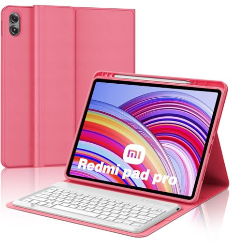 Coque Clavier pour Redmi Pad Pro 12.1 Pouces 2024/Poco Pad 12.1, AZERTY Français Clavier Bluetooth Magnétique Détachable avec Fente pour Stylo pour Tablette Xiaomi Redmi Pad Pro 12.1 2024, Rouge