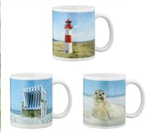 Cepewa - 41948 - Kaffeebecher Set, Becher, Maritim, 3 Stück, weiß, Keramik, spülmaschinengeeignet, Mikrowellengeeignet, 12cm x 9,5cm x 8cm