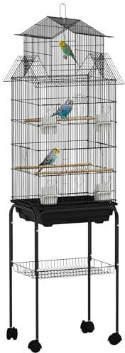 PawHut Jaula para Pájaros con Ruedas Pajarera de Acero 50,5x41x163 cm con Comederos Perchas Columpio y Bandeja Extraíble Jaula Grande para Loros Canario Periquito Negro