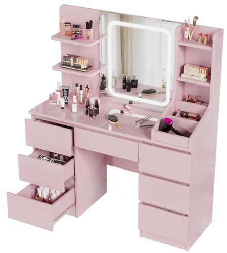 Devoko LED Schminktisch mit 7 Großer Schubladen, 3 Farben mit Einstellbarer Helligkeit Kosmetiktisch Frisiertisch mit Spiegel für das Schlafzimmer 110x40x140cm (Rosa)