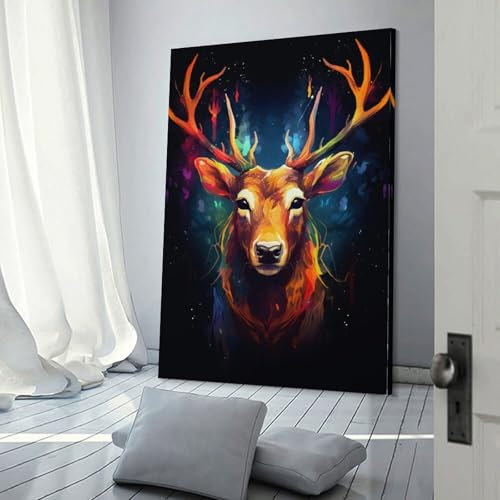 Wandbilder mit Hirsch, bunt, mit dunklem Hintergrund, für Wohnzimmer, Kinder, Mädchen, Jungen, Geburtstagsparty, Geschenk, Leinwandbild, 50 x 75 cm