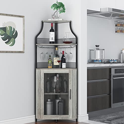 dainslef Eck-Weinbarregal Schrank mit abnehmbarem Weinregal, Barschrank mit Glashalter, kleinem Sideboard und Buffetschrank mit Netztür (Grau)