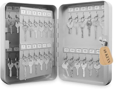 Armoire à clés pour 48 clés, Boîte à clés, Rangement 48 Crochets, avec Porte-clés étiquetés, 24.6 x 18 x 8 cm, métal, Blanche