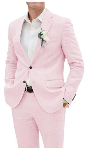 Blazer 2 pièces en lin pour homme - Boutonnage simple - Revers cranté - Smoking léger pour mariage d'affaires, rose, L