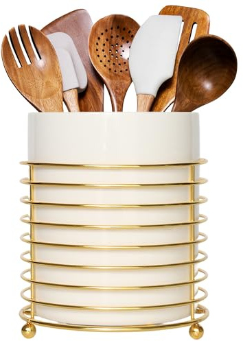 LOUIE SILNA Kitchen Utensil Holder For Countertop,Ceramic Cutlery Holder With Ring Stand,Storage For Kitchen Accessories(White)