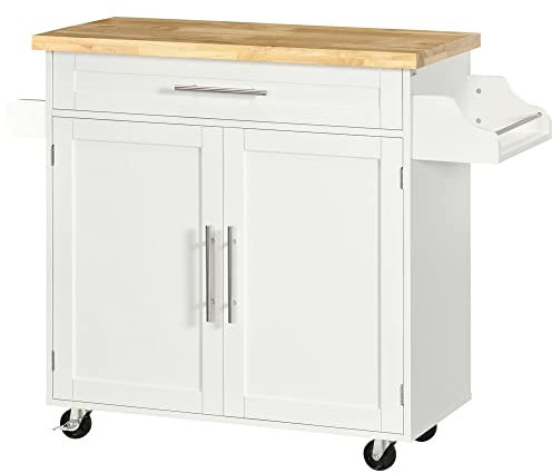 HOMCOM Kücheninsel Küchenwagen auf Rollen mit Arbeitsplatte, Servierwagen mit Schublade, Gewürzregal, Handtuchhalter, Küchentrolley für Küche, Esszimmer Weiß 109 x 40 x 89 cm