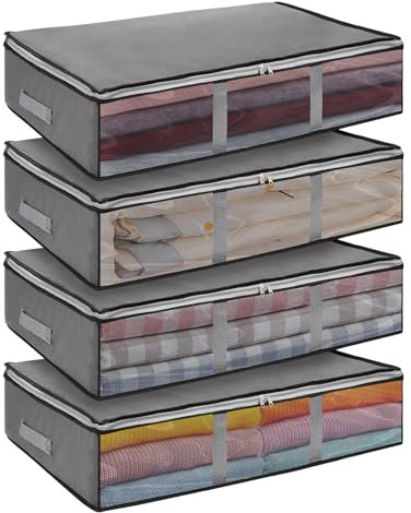 JF HOME BLISS 4 Pack 38 L Under‑Bed Storage Boxes with Lids & Clear Windows – Foldable Underbed Organiser & Clothes Storage Bags with Lid for Bedding & Clothing(59×45×14.5cm)