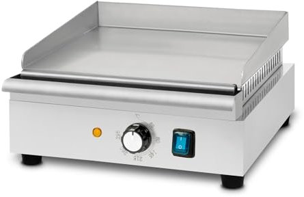 VERTES Plancha grill eléctrica 1400W de acero inoxidable superficie grill lisa 32x26cm, termostato, temperatura 50-300°C, protección contra salpicaduras y calor, bandeja recogegotas, pies de goma