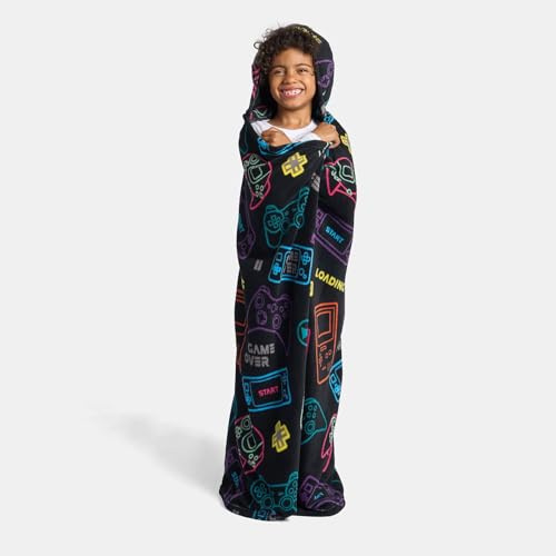 OHS Gaming Wearable Blanket with Sleeves, Soft Cosy Fleece Blanket Kids Hooded Wearable Blankets for Boys Girls Winter Snuggle Blankets for Gaming Relaxing TV, Black - 100 x 125cm
