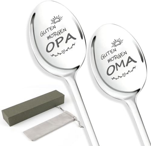 Oma und Opa Geschenk, 2 Stück Kaffeelöffel mit Gravur mit Geschenkbox & Samtbeutel, Muttertagsgeschenk für Bester Oma Opa Geburtstagsgeschenk Vatertagsgeschenk Weihnachten
