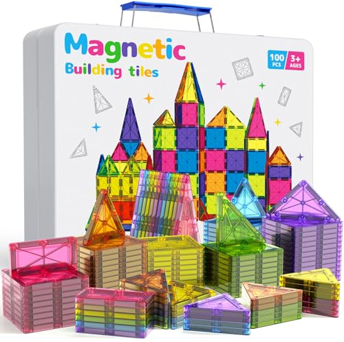 100 Teile größere Magnetische Bausteine with Metallkasten, 7,5 cm Magnetische Fliesen STEM Magnet Spielzeug für Kleinkind Montessori-Spielzeug für ab 3 4 5 6 7 8 Jahren Geschenk für Jungen und Mädchen