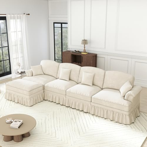 Ligterra L Sofa mit Schlaffunktion, Modulares 4 Sitzer Sofa, Ecksofa mit 1 Ottomane, Trichter-Armlehnen, Abnehmbarer Rüschenschürze, Beweglichem Hocker, Chennille-Stoff, 350×140×93cm (Weiß)