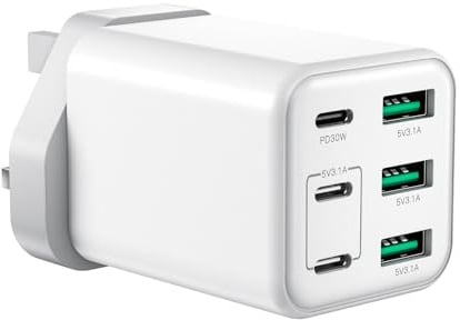 USB C Plug Fast Charge, UK 6 port Multi USB Charger Plug, 60W PD Fast Charging Block 3.1A Charge for iPhone 17/16/15/14/13/Pro/Max/SE/XS/Pad/Galaxy, Dual Port USBC Power Adaptor Type C Wall Head