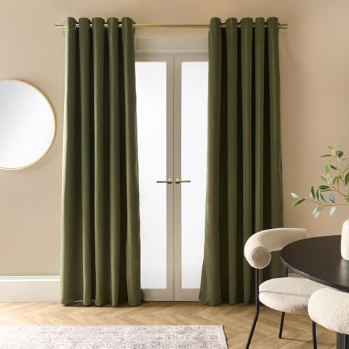 Dreamscene Blackout Curtains Bedroom 2 Panels, Super Soft Thermal Insulated Eyelet Curtain Decorative Winter Summer Olive Green Curtains for Living Room 90 x 90
