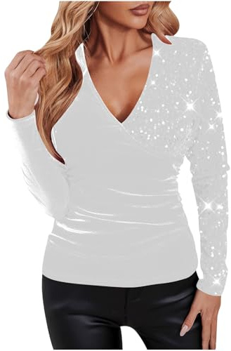 Sparkly Tops for Women UK - Ladies Velvet Sequin Tops Elegant Patchwork Going Out Sexy V Neck Sparkle Long Sleeve Blouses Shimmer Glitter Shirts Tunic Evening Party Cocktail Tee T-Shirts
