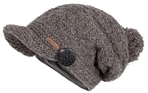 McRon Damen Gefütterte Beanie Wollmütze mit Bommel Mika Naturbraun 9513