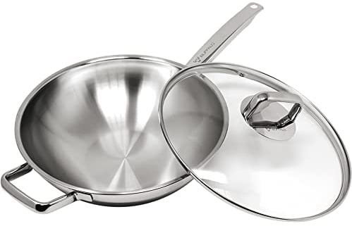 BUFFALO Clad Stainless Steel Wok Pan with Lid Flat Bottom 12 inch (30cm) - Small Stir Frying Pan with Stay-Cool Long Handle - Tri-Ply Nonstick Deep Cooking Pot for Induction/Electric/Gas Stoves