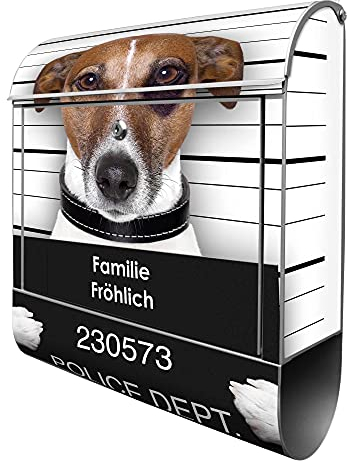 banjado® Design Briefkasten personalisiert Bad Dog Jack Russel 38,5x46,5x13cm & 2 Schlüssel - Briefkasten Stahl Silber Zeitungsfach pulverbeschichtet - Postkasten A4 Einwurf inkl. Montagematerial