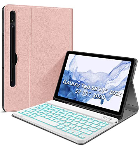 JUQITECH Backlit Keyboard Case for Samsung-Galaxy-Tab S8 S7 11 Case with 7 Color Backlit Wireless Detachable Keyboard for Galaxy Tab S8 SM-X700/X706 2022 S7 SM-T870/T875/T876 2020 11 Tablet Cover