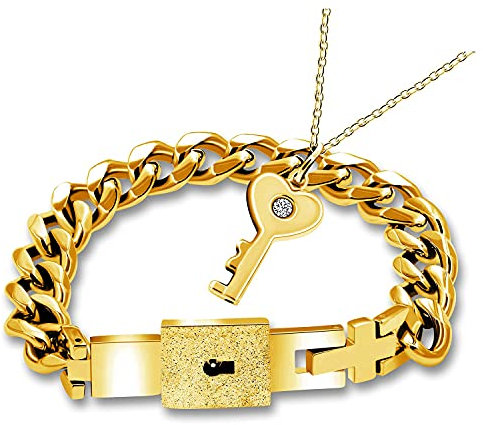 Uloveido Gold Plated Stainless Steel Lock Bracelet and Key Pendant Necklace Couples Jewelry Set for Women and Men Y808 (Gold)