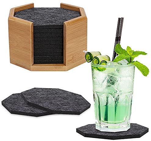 VVTB Filz Untersetzer Set (10 Stück) mit Bambusbox – Hexagon Design – Wasserabweisend & rutschfest – Anthrazit – Für Gläser, Tassen, Flaschen – Hochwertiger Tischschutz & Deko