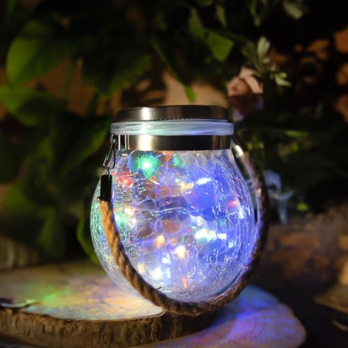 M Ledme - Farolillo Solar Exterior Multicolor, SphereGlass Linternas de Cristal RGB para Jardín, Luz con Soporte Extraíble, Lámpara para Exterior, Césped, Navidad, Camping