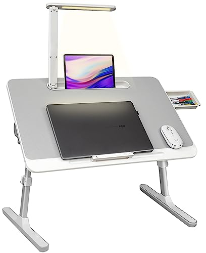 RAINBEAN Lap Desk for Laptop, Portable Bed Table Desk, Laptop Desk with LED Light and Drawer, Adjustable Laptop Stand for Bed/Sofa/Study/Reading-White