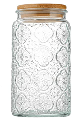 Aebor Glass Jar with Airtight Bamboo Lid, 35oz Vintage Glass Kitchen Storage Counter Sealed Jar, Decorative Glass Food Storage Containers for Candy, Flour, Oats, Pet Treats, Snacks (Begonia Flowers)