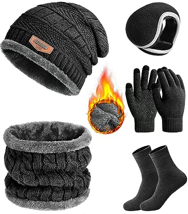 Vijmaiy Wintermütze Schal Set Herren Touchscreen Handschuhe Warme Socken und Ohrenwärmer 5er-Set, Wärme Winddicht Nackenwärmer strickmütze Für Männer und Frauen(Schwarz)