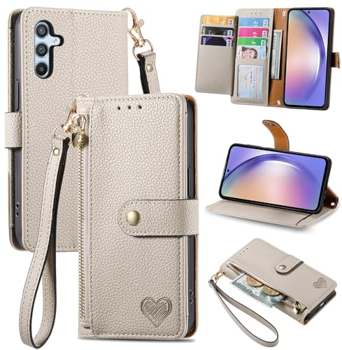 VEEMOS Handyhülle für Samsung Galaxy A54 5G Hülle Klappbar Klapphülle Schutzhülle mit Kartenfach RFID Reißverschluss Handy Tasche Leder Flip Case Cover Handytasche Frauen - Grau