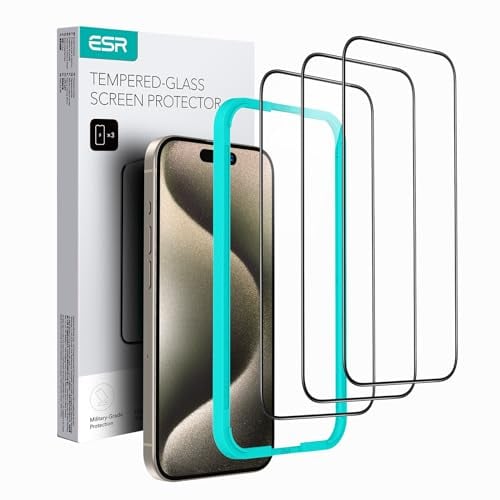 ESR Protector Pantalla para iPhone 15 Pro, 3 Piezas, Cristal Templado Ultra Resistente Arañazos, Marco Instalación Fácil, Protección Grado Militar