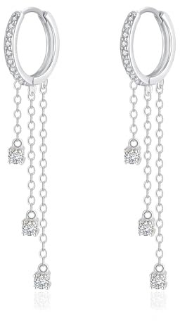 Kamise Damen Creolen Ohrringe Hängend, 925 Sterling Silber Ohrhänger mit Zirkonia, Hypoallergen Creolen Ohrringe mit Drei Quastenketten, Weißgold Kreolen Ohrringe, Hängeohrringe für Frauen Mädchen