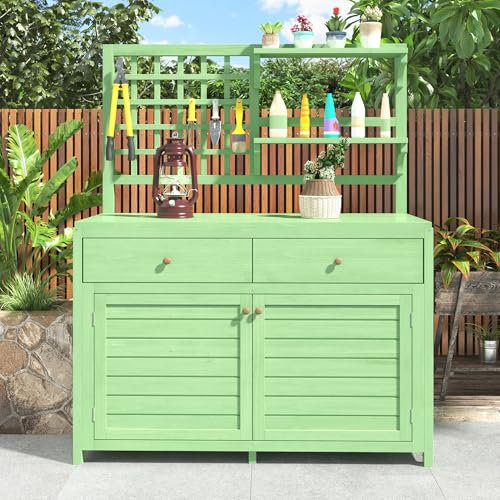 Merax Geräteschrank Holz Gartenschrank Terrassenschrank Balkonschrank, Gerätehaus Geräteschuppen Gartenhaus, mit 2 Türen, 2 Schubladen, mit Regalen, Offenes Arbeittischdesign, Grün/105 * 44 * 141.5cm