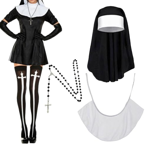 RAOPNHS Nonnenkostüm Damen Set - Klassisches Nonne Kostüm Mit Schleier, Halskragen, Kreuz & Strümpfen, Karneval Kostüm Damen, Faschingskostüme Für Karneval & Halloween