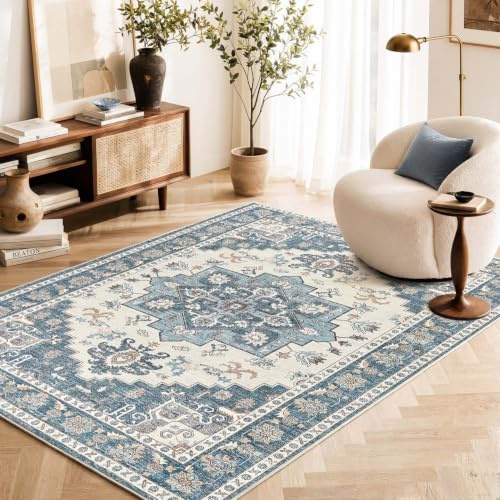 TOPICK Vintage Kurzflor waschbar faltbar Teppich Wohnzimmer 140x200 Blau | Orientalisch Teppich rutschfest Schlafzimme faltenfrei dünn antirutschunterlage Teppich Esszimmer Carpet Living Room Bedroom