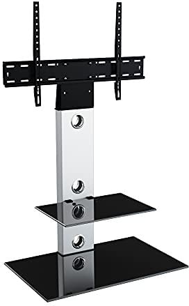 MAHARA Universal Column TV Stand - for 32 to 65 inch TVs-Freestanding silver tall floor stand with black glass shelves and cable management-Height adjustable and suitable for corners-Max Weight 40kg