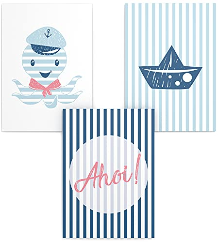 Papierschmiede® Kinderposter 3er Set, DIN A4 (21x30 cm) Wanddeko, Geschenk für Jungen & Mädchen Kinderzimmer Babyzimmer, Oktopus